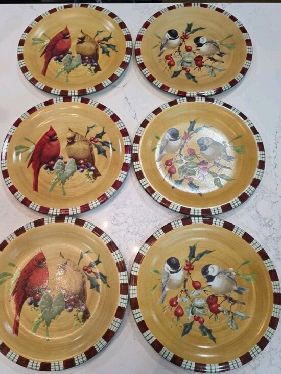 6pc Lenox Winter Greetings Everyday Cardinal Chickadee 8.5" Salad Plate Stonewar - Picture 1 of 5